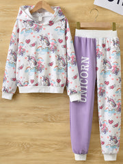 Girl's Unicorn Print Hoodie & Sweatpants Set for Spring Fall