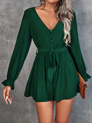 Solid V Neck Belted Romper Jumpsuit