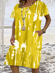 Tie Dye Short Sleeve Round Neck Dress With Pockets
