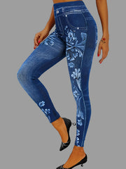 Floral & Denim Print Leggings Skinny Casual Leggings Women's Clothing