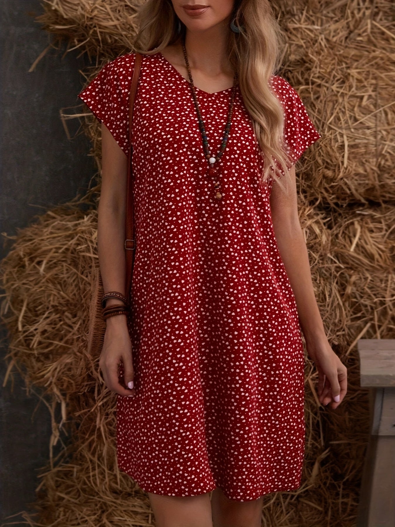 Confetti Heart Print Dress V Neck Short Sleeve Dress Spring Summer