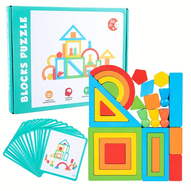Wooden Rainbow Blocks Puzzle DIY Educational Stack Blocks