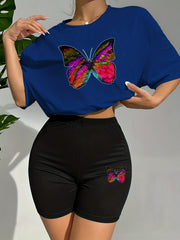 Butterfly Print Lounge Set Short Sleeve Crew Neck Top & Elastic Waistband Shorts