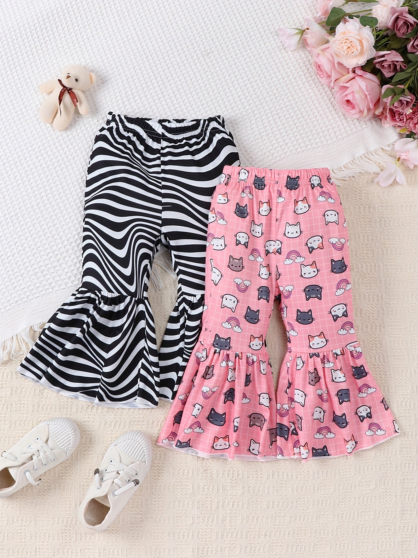 Baby Girls Water Ripple & Cartoon Cat Flared Trousers 2pcs