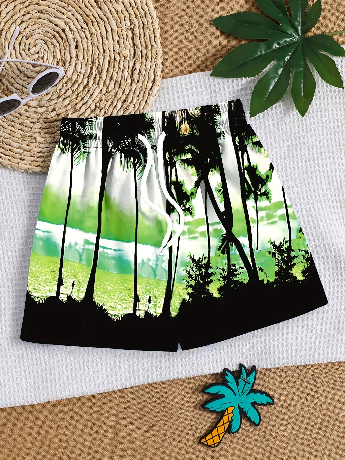 Coconut Trees Pattern Drawstring Boys Beach Trunks Kids Swimming Shorts