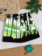Coconut Trees Pattern Drawstring Boys Beach Trunks Kids Swimming Shorts