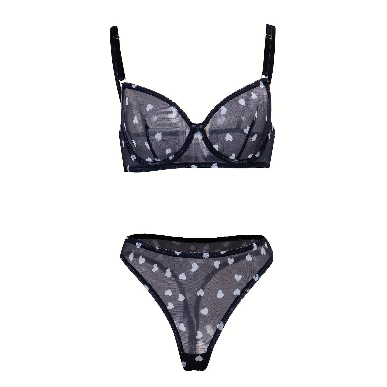 Heart Print Mesh Bra & Panty Lingerie Set