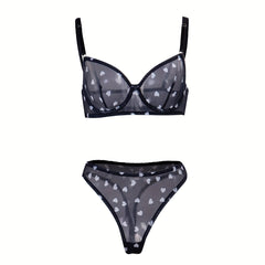Heart Print Mesh Bra & Panty Lingerie Set