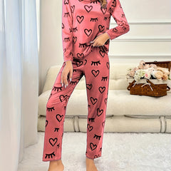 Heart & Eyelash Print Long Sleeve Pajamas 2 PC Set
