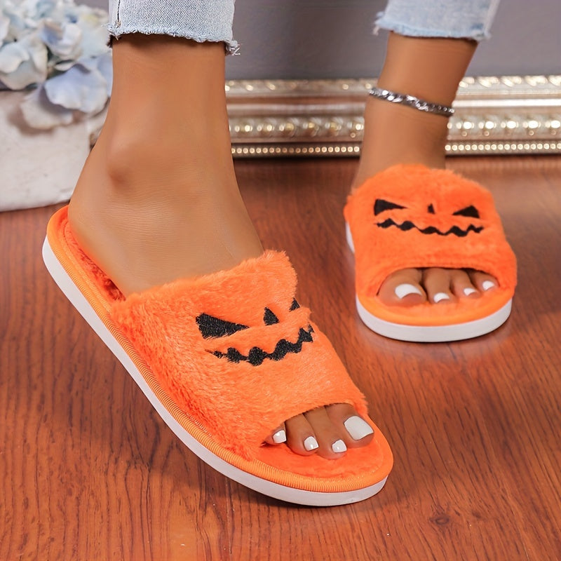 Women's Halloween Pumpkin Lantern Plush Lined Slippers