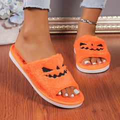 Women's Halloween Pumpkin Lantern Plush Lined Slippers