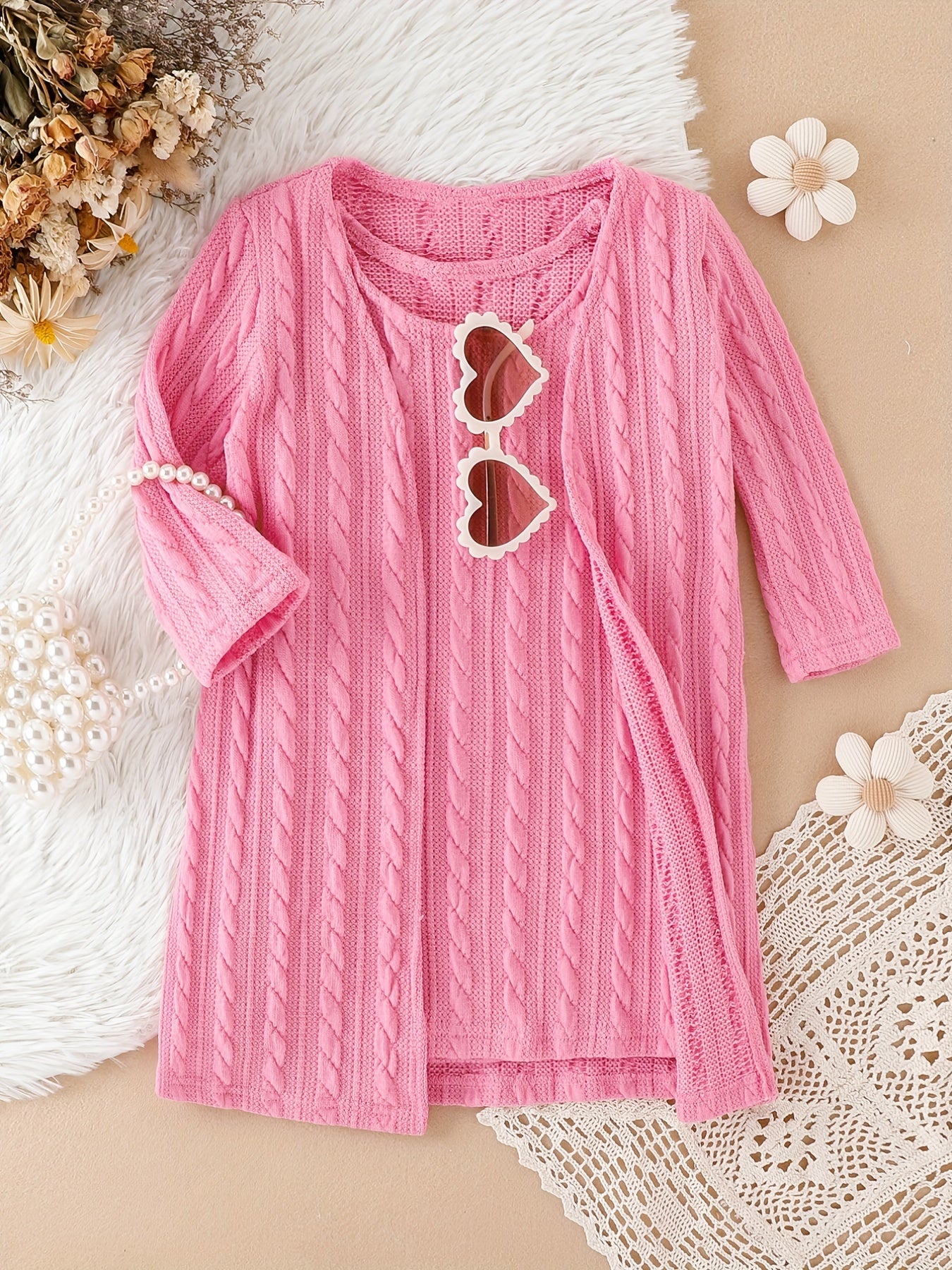 2pcs Baby Girl Knitted Vest Dress & Coat Kids Comfy Cotton