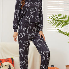 Halloween Ghost Print Pajama Set Long Sleeve Top & Pants Women's Sleepwear