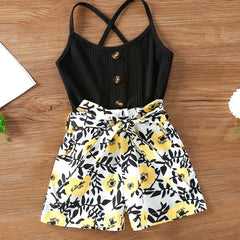 Girls Floral Sleeveless Romper Belted Jumpsuit