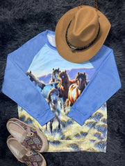 Western Ethnic Horse Print Sweatshirt Long Sleeve Raglan