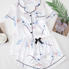 Floral Print Pajamas Set Short Sleeve Top & Bow Shorts PJ Set