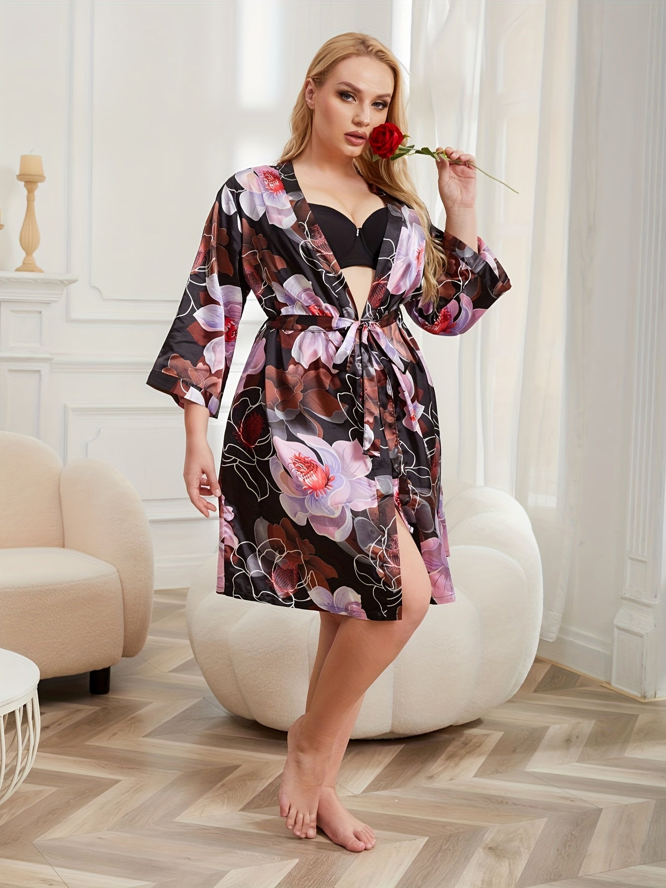 Floral Print Satin Belted Bathrobe
