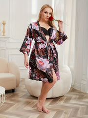 Floral Print Satin Belted Bathrobe