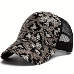 Sequins Leopard Trucker Hat Hip Hop Baseball Cap Mesh Adjustable Dad Hats