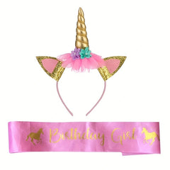Girl's Unicorn Birthday Set: Glitter Unicorn Headband & Pink Satin Sash