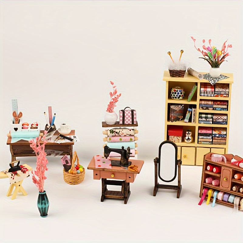 DIY Tailor Shop Dollhouse Furniture LED Wood Craft Toy House Kit