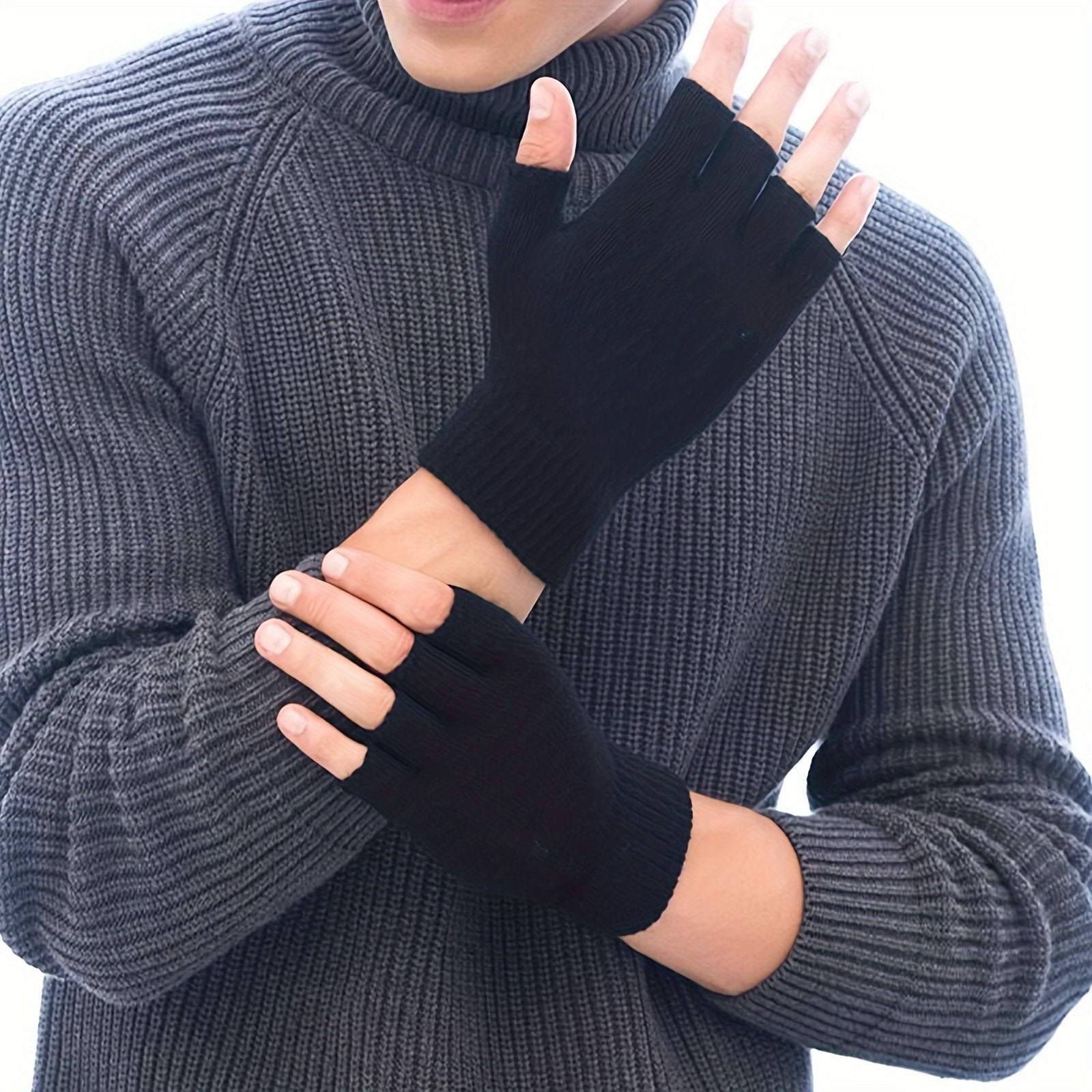 2 Pairs Half-Finger Knit Gloves Winter Touch Screen Warm Gloves