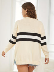 Plus Stripe Long Sleeve Cardigan with Pockets
