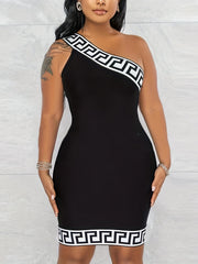 Feo Print One Shoulder Bodycon Dress Sexy Sleeveless Asymmetrical Neck Dress