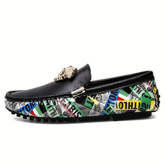 Men's Leather Loafer Slip On Shoes with Metal Decor