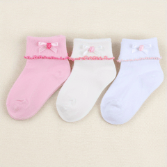 3 Pairs Girls Bowknot Lace Crew Socks