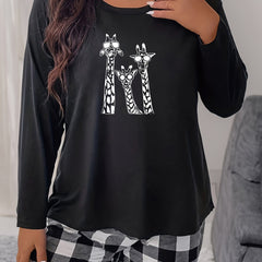 Funny Giraffe Print Long Sleeve Round Neck Tee