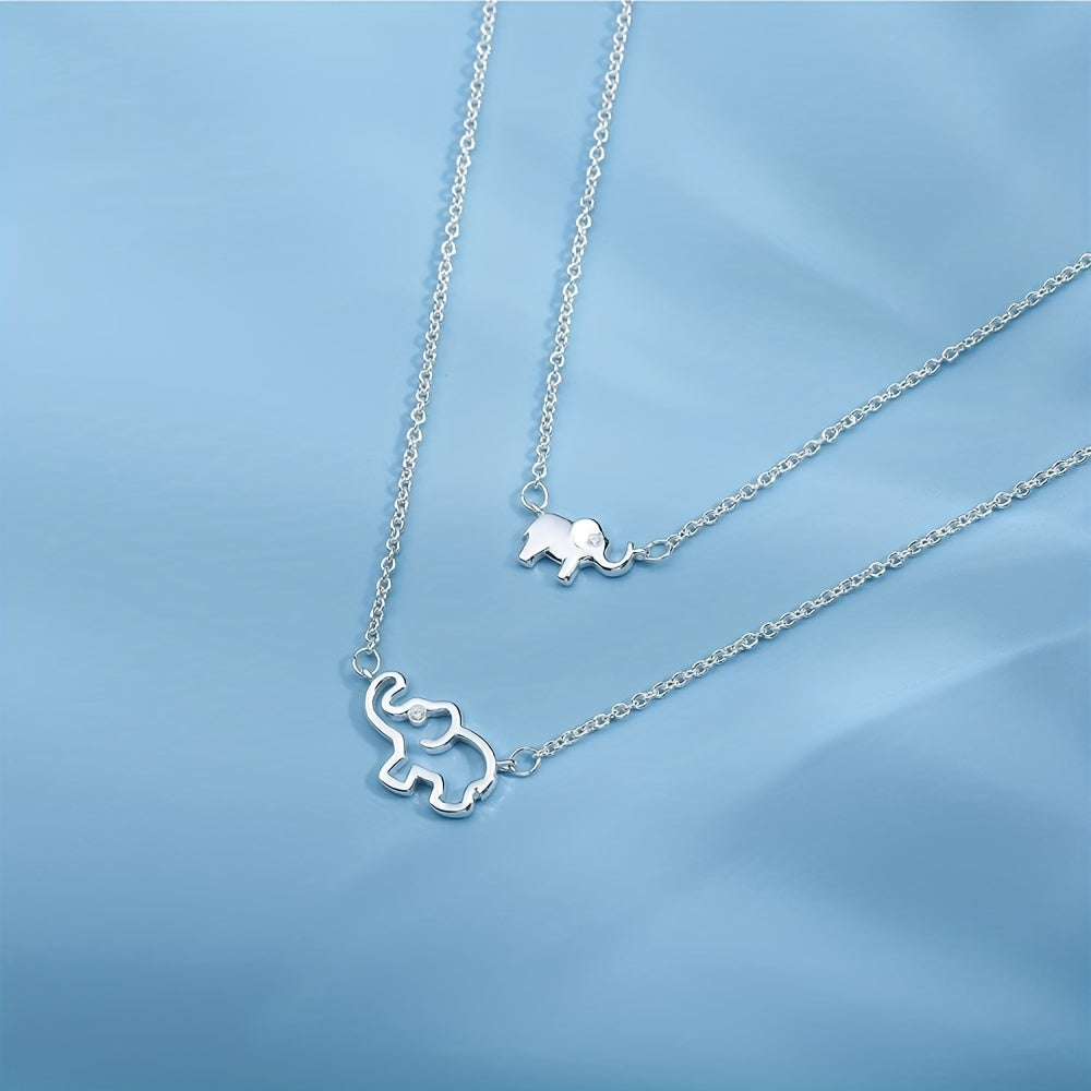 2pcs Silver Elephant Pendant Necklace, Gift For Mom And Daughter