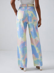 Tie Dye Straight Jeans Raw Cut Loose Fit Denim Pants