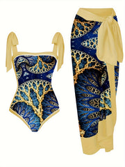 Women's Plus Mushroom Print Tie Shoulder One Piece Swimsuit & Wrap Skirt Set