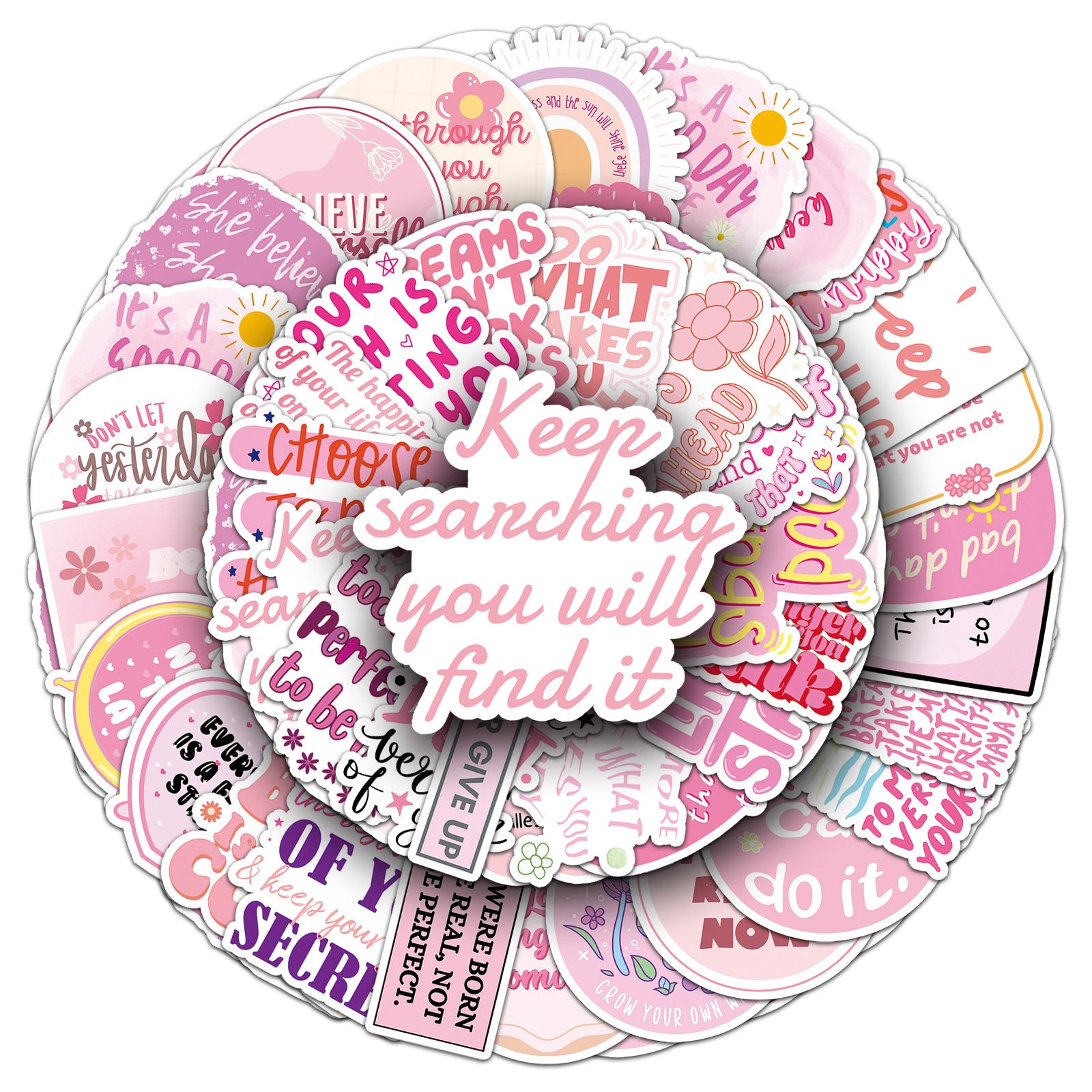 50 Pink Vinyl Stickers Cartoon Motivational Quotes Reusable Self Adhesive