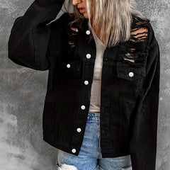 Plus Size Skull Print Ripped Denim Jacket