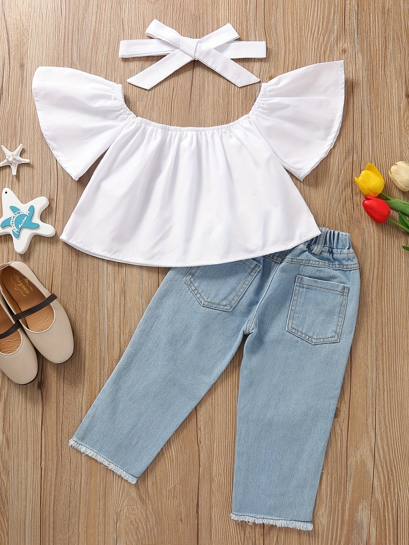 Girls Casual Top & Ripped Denim Pants Set