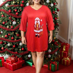 Santa Claus Print Three Quarter Sleeve V Neck Sleep Dress