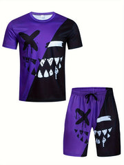 Men's Grimace Print T-shirt & Active Shorts Set for Summer Sports