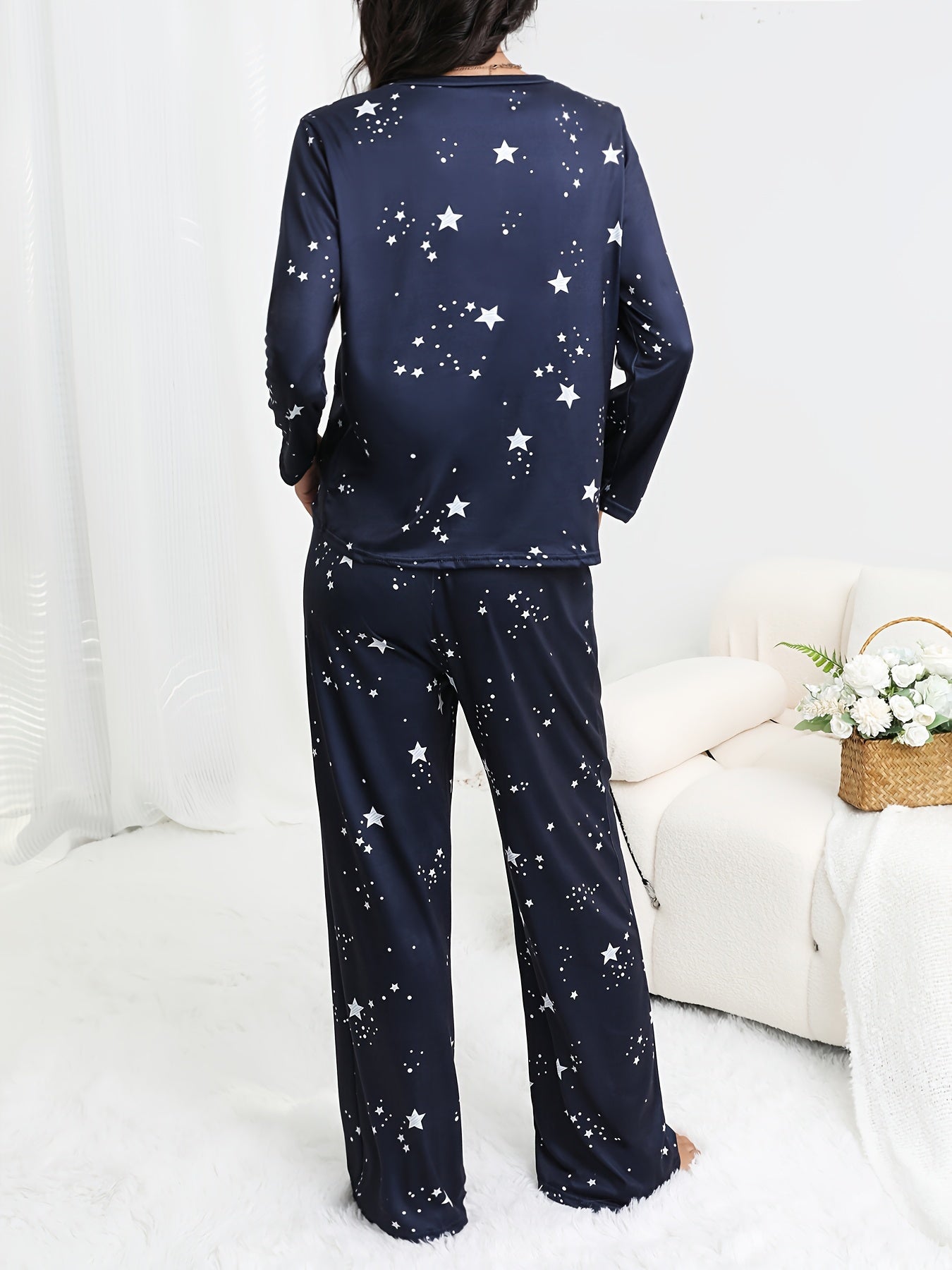 Starry Print Pajama Set Long Sleeve Crew Neck Top & Pants Sleepwear