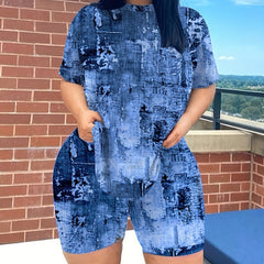 Women's Plus Denim Print Top & Shorts Outfits 2 Piece Set