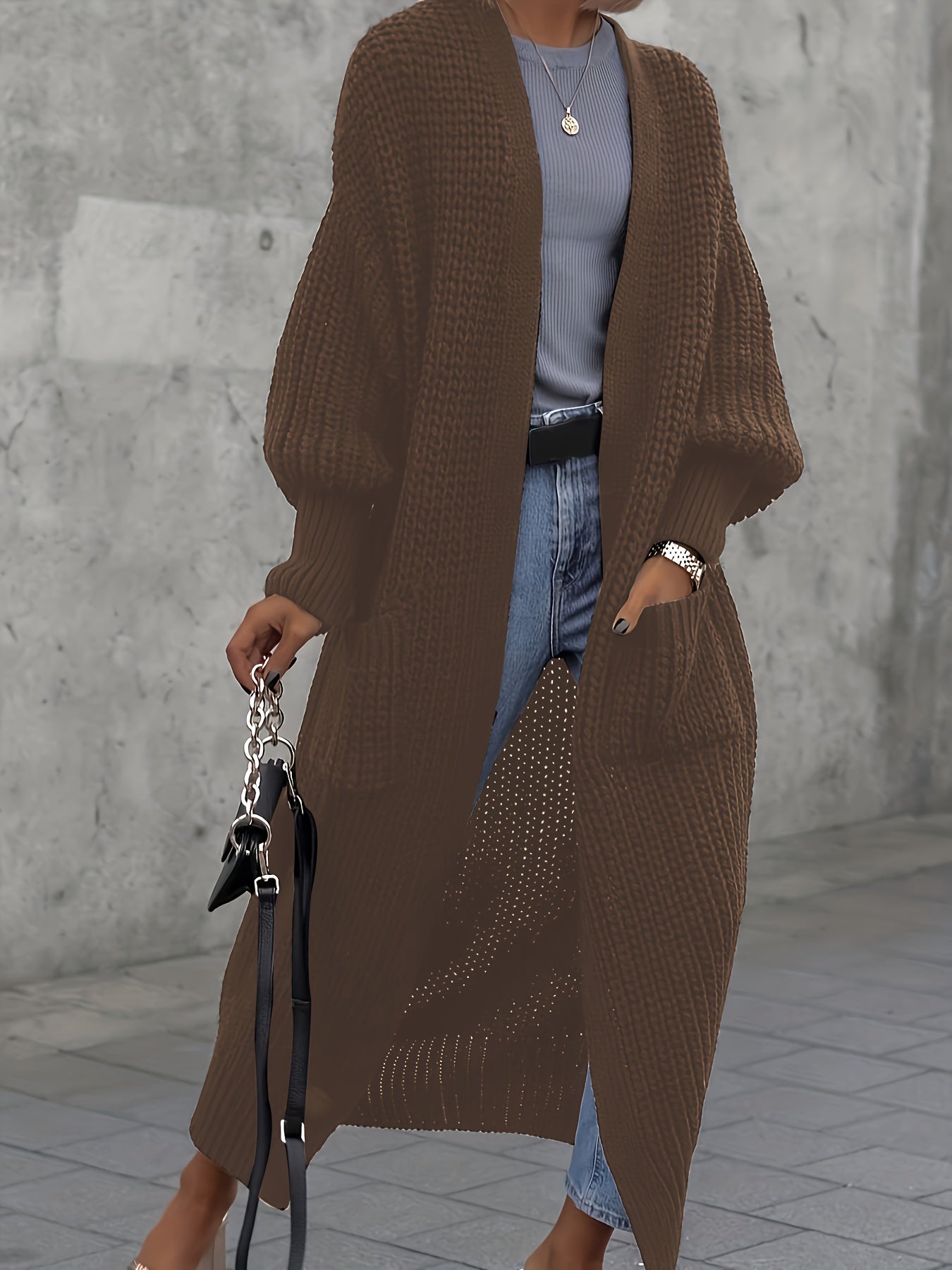 Solid Lantern Sleeve Open Cardigan