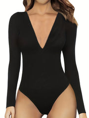 Deep V Neck Slim Bodysuit Long Sleeve for Women