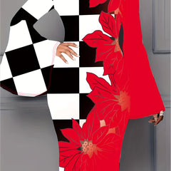 Casual Dress Colorblock Grid & Leaf Print Bell Sleeve