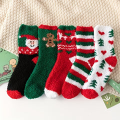 5 Pairs Cartoon Christmas Socks Women's Mid Tube Stockings Warm & Fuzzy