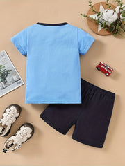 2pcs Boys Tractor Graphic Cotton T Shirt & Shorts Set For Summer