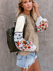Sporty Embroidered Sleeve Knit Pullover Top