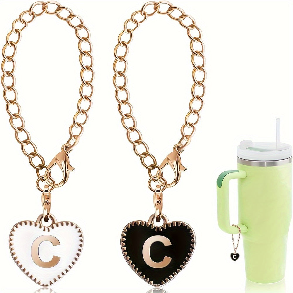 2pcs Initial Letter Charm Water Cup Handle Decorative Pendant Heart Shape Bag ID