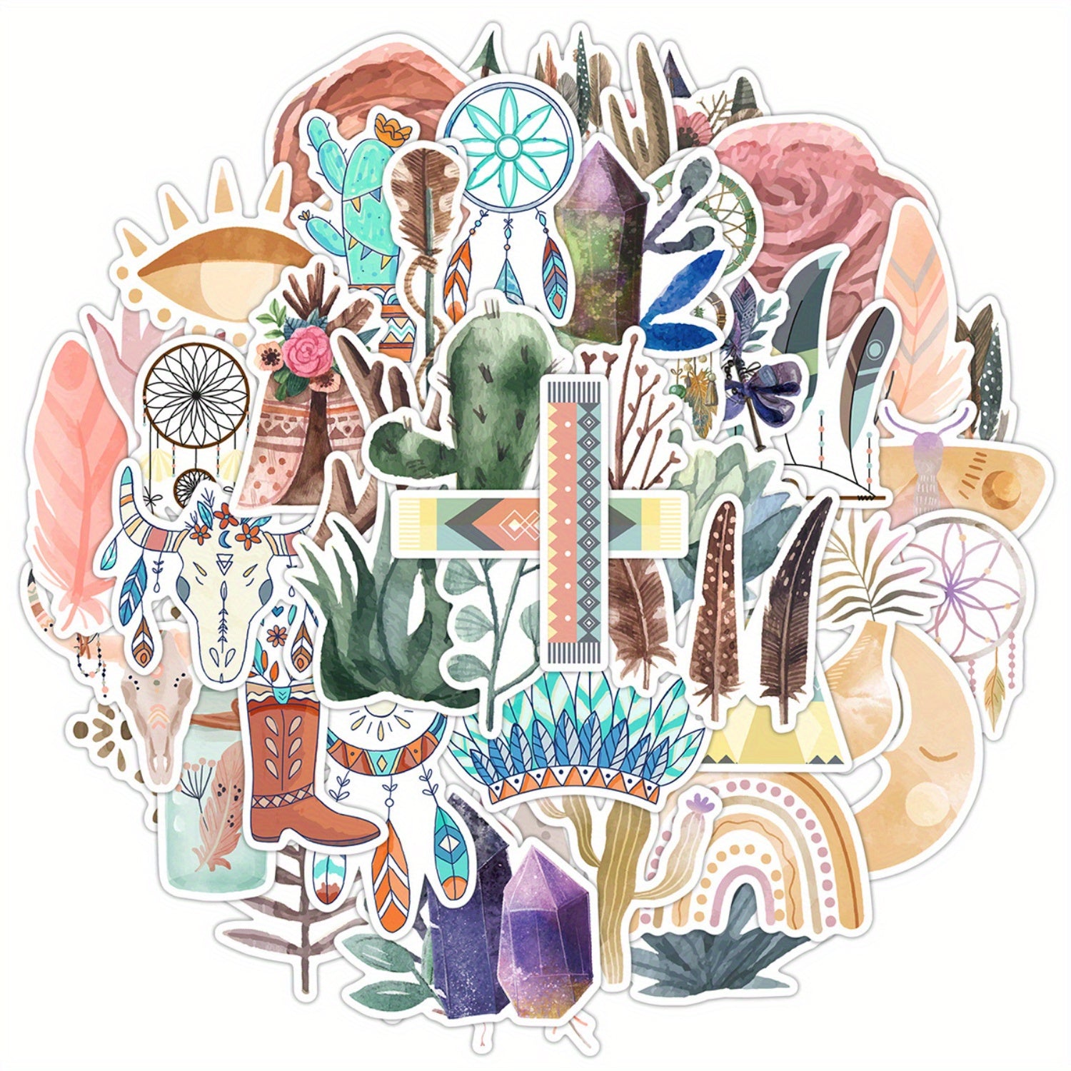 50 Boho Waterproof Vinyl Stickers Cacti Vibrant Patterns Whimsical Colors