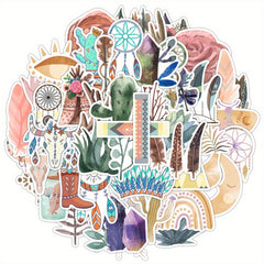 50 Boho Waterproof Vinyl Stickers Cacti Vibrant Patterns Whimsical Colors
